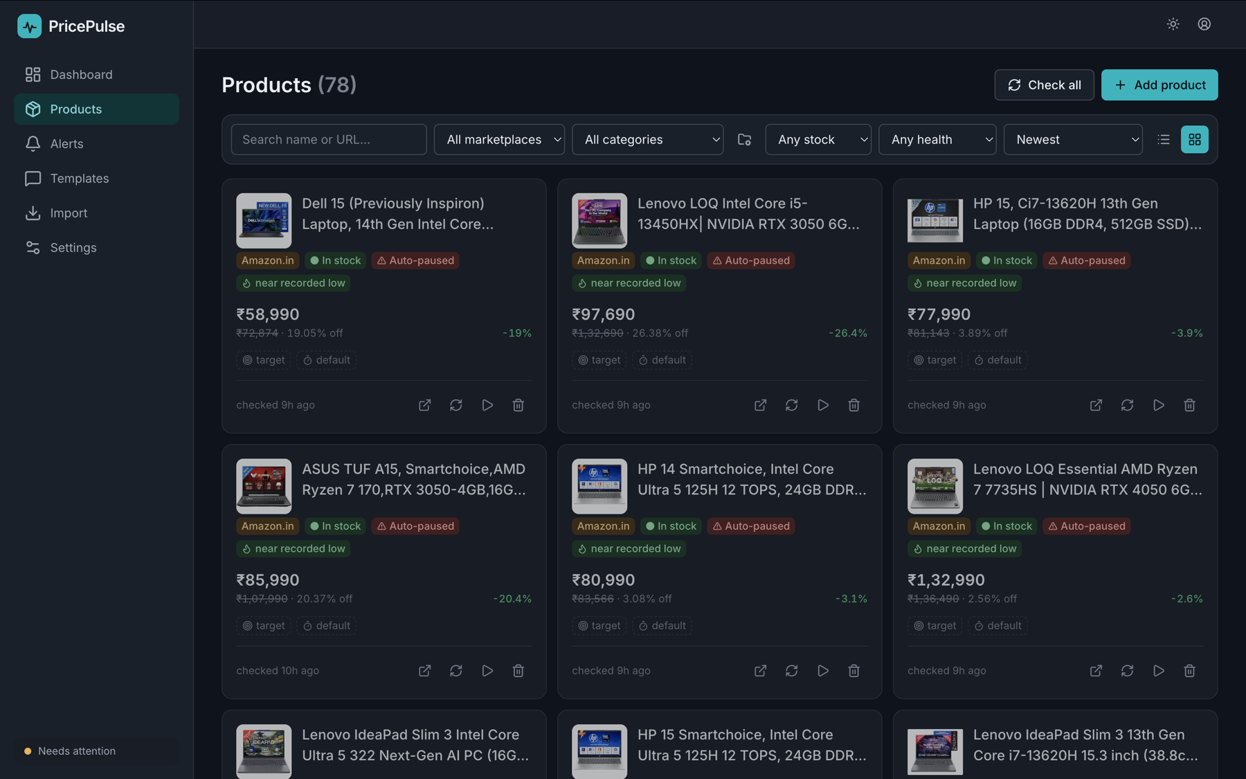 The PricePulse product grid: 78 tracked laptops with live prices, discounts, stock and health badges.